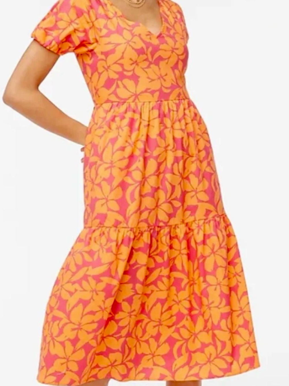 J Crew NWT 00 Petite Floral Hibiscus floral  Cotton Ruffled Tiered Orange Dress